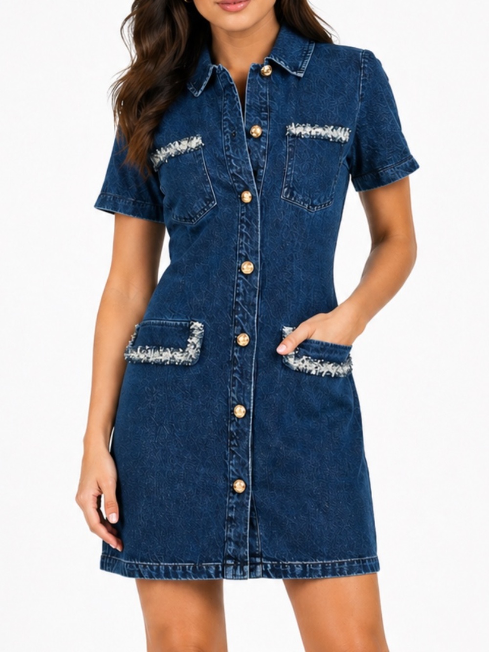 Avec Les Filles - Collared Button-Front Mini Denim Dress